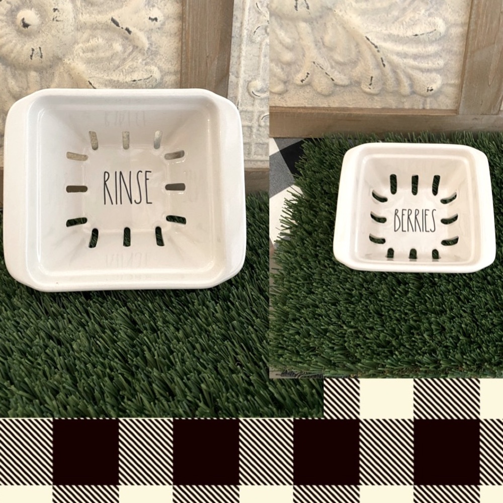 Rae Dunn “RINSE” & “Berries” Ceramic Baskets Brand new! LAST SET